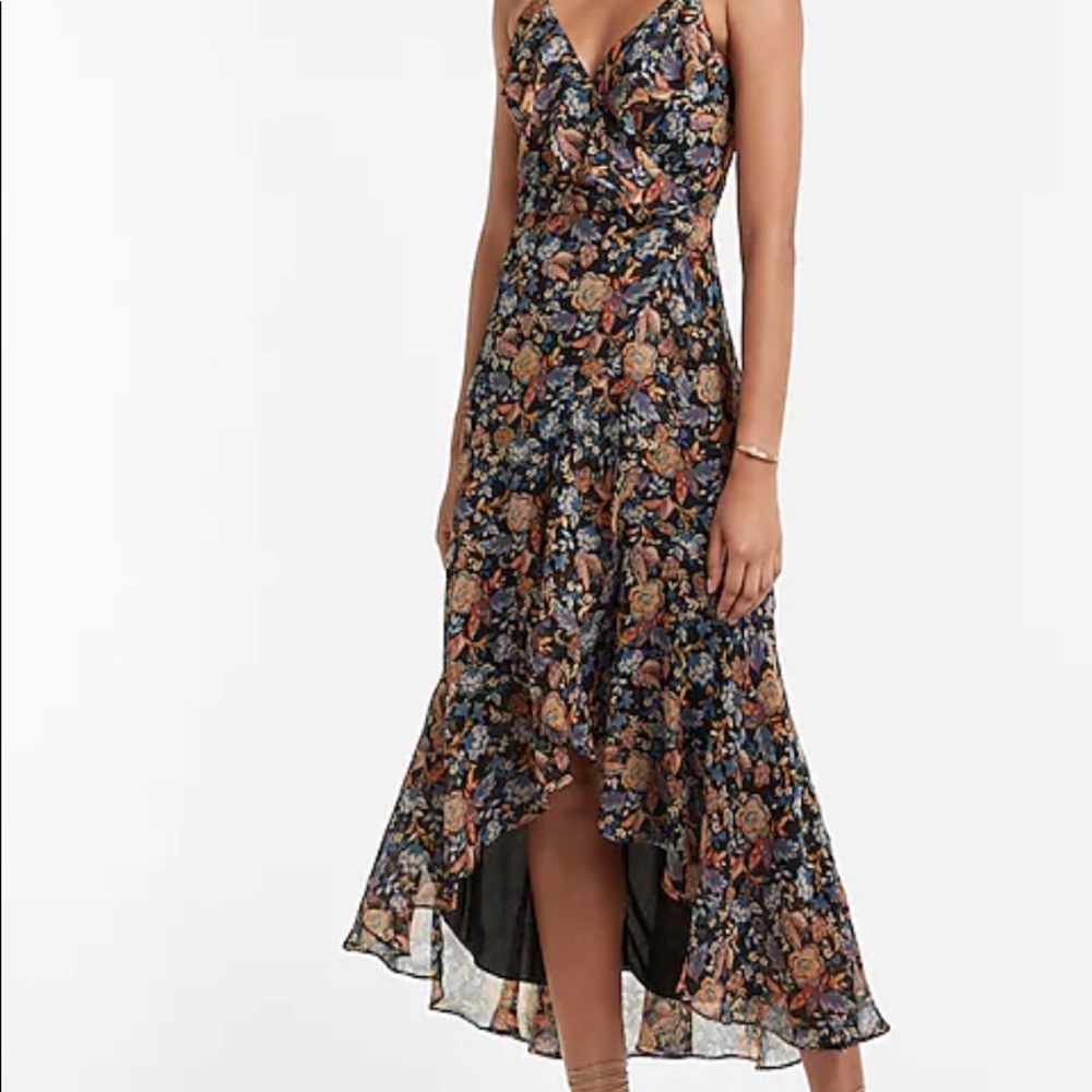 Express-Floral Ruffle Wrap Hi-Lo Maxi Dress